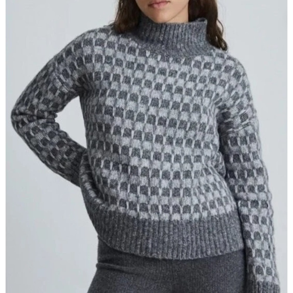 Everlane Cloud Checkered Turtleneck Sweater Womens M Grey Merino Alpaca